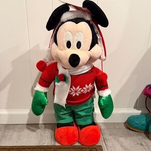 NWT Disney Mickey Mouse Holiday Plush Greeter with Red and Green Accents
